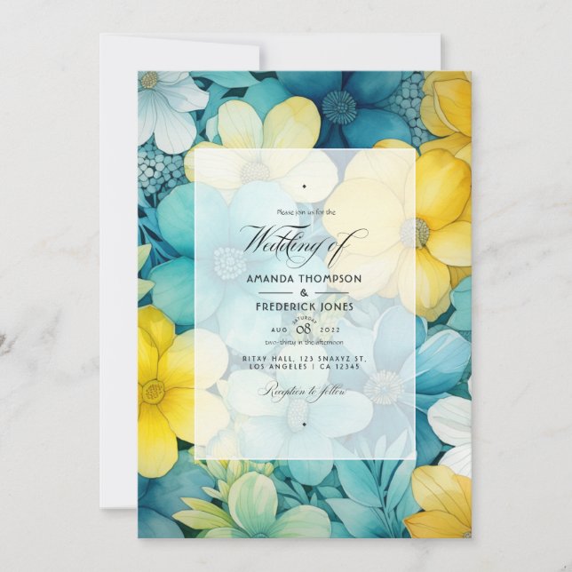 Convites Casamento Floral Turquesa e Amarelo e Cinza (Frente)