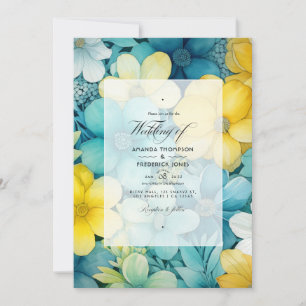 Convites Casamento Floral Turquesa e Amarelo e Cinza