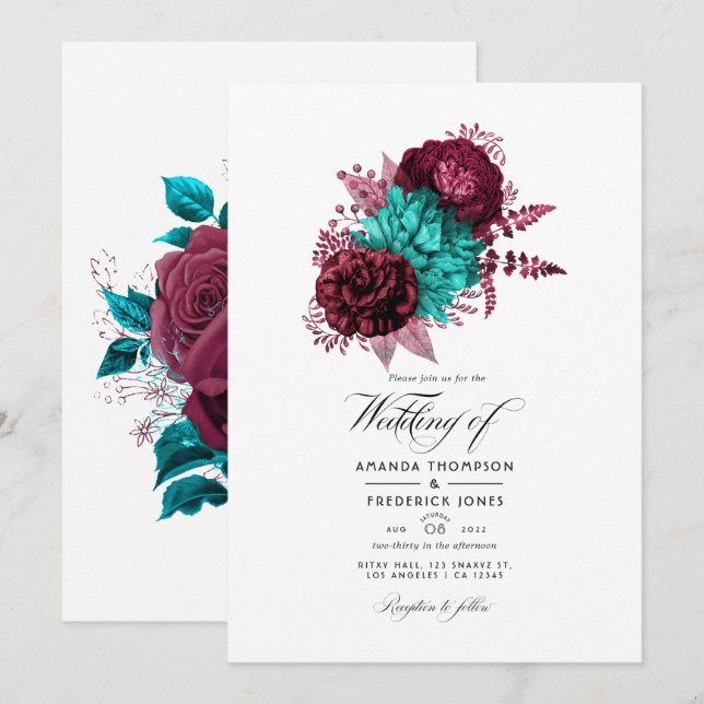 Convites Casamento Floral Turquesa e Borgonha (Frente/Verso)
