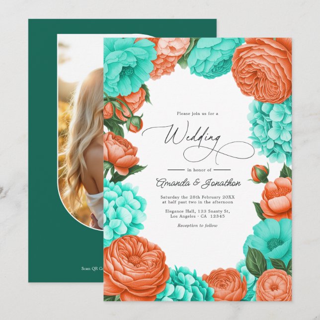 Convites Casamento Floral Turquesa e Coral (Frente/Verso)