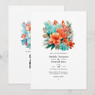 Convites Casamento Floral Turquesa e Coral