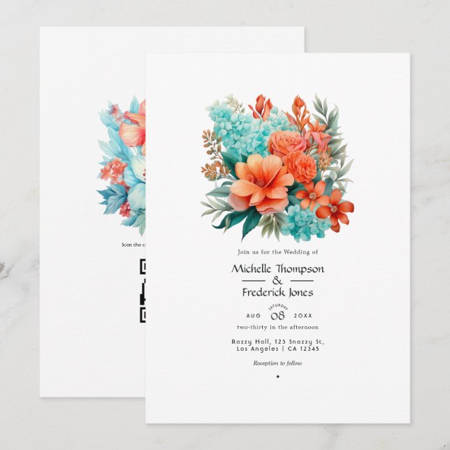 Convites Casamento Floral Turquesa e Coral (Frente/Verso)