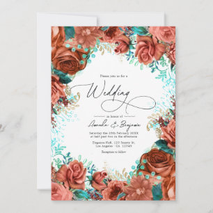 Convites Casamento Floral Turquesa e Coral Russo