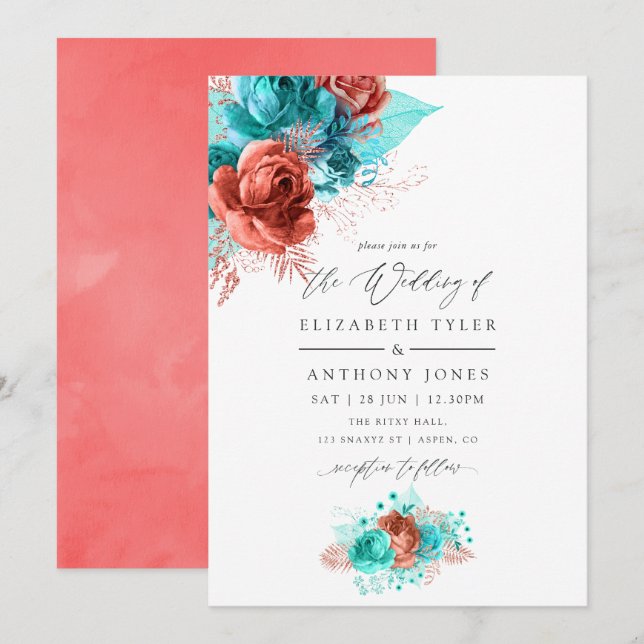 Convites Casamento Floral Turquesa e Coral Vivo (Frente/Verso)