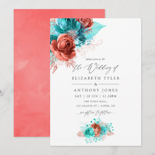 Convites Casamento Floral Turquesa e Coral Vivo