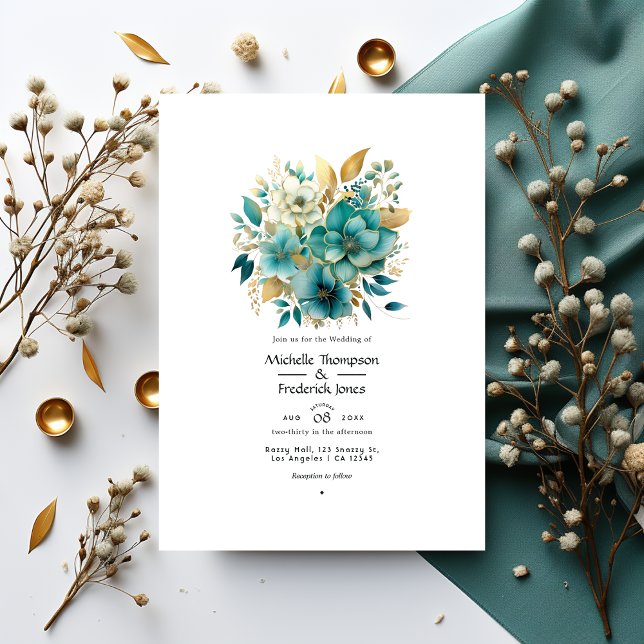 Convites Casamento Floral Turquesa e Dourado (Criador carregado)