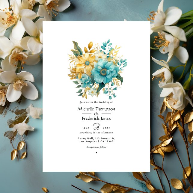 Convites Casamento Floral Turquesa e Dourado (Criador carregado)