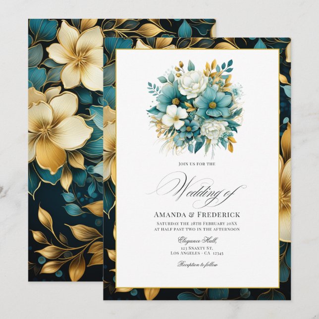 Convites Casamento Floral Turquesa e Dourado (Frente/Verso)