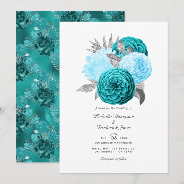 Convites Casamento Floral Turquesa e Prata (Frente/Verso)