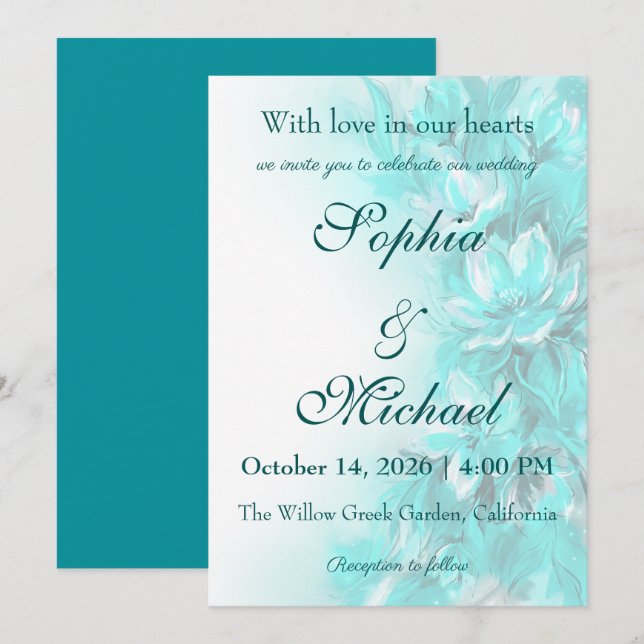Convites Casamento floral turquesa elegante (Frente/Verso)