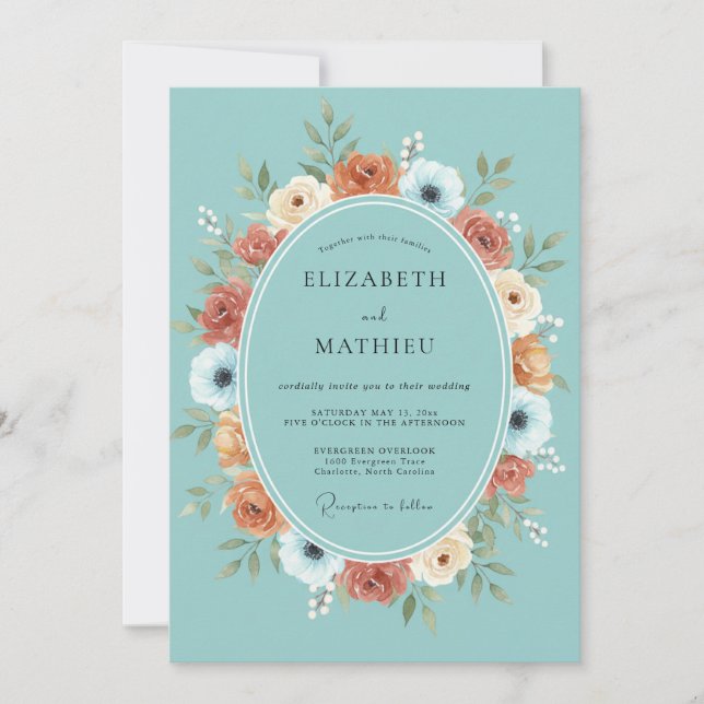Convites Casamento Floral Turquesa em Flor (Frente)