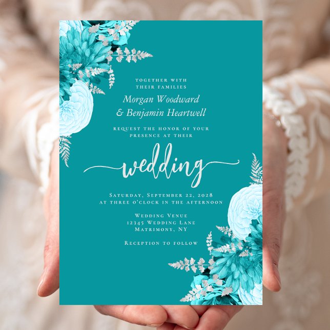 Convites Casamento Floral Turquesa Prata (Criador carregado)