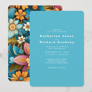 Convites Casamento Floral Turquesa Retro Contemporâneo