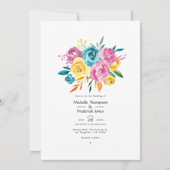 Convites Casamento Floral Turquesa, Rosa e Amarelo (Frente)