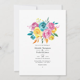 Convites Casamento Floral Turquesa, Rosa e Amarelo