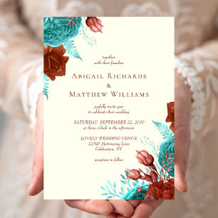 Convites Casamento Floral Turquesa Rústico Marfim Romântico
