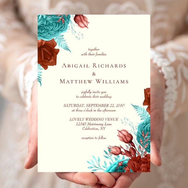 Convites Casamento Floral Turquesa Rústico Marfim Romântico (Criador carregado)