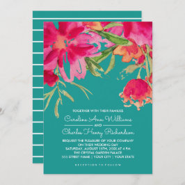 Convites Casamento Floral Turquoise Fuchsia Watercolor