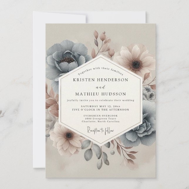 Convites Casamento Floral Turvo em Slate (Frente)