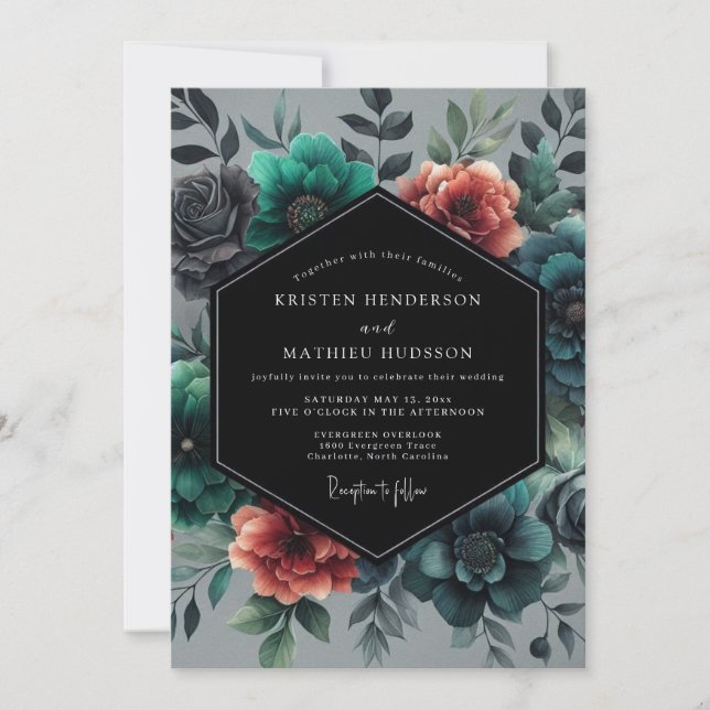 Convites Casamento Floral Veneziano Turquesa (Frente)
