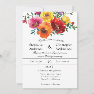Convites Casamento Floral Verde Água-marinha Amarelo Vermel