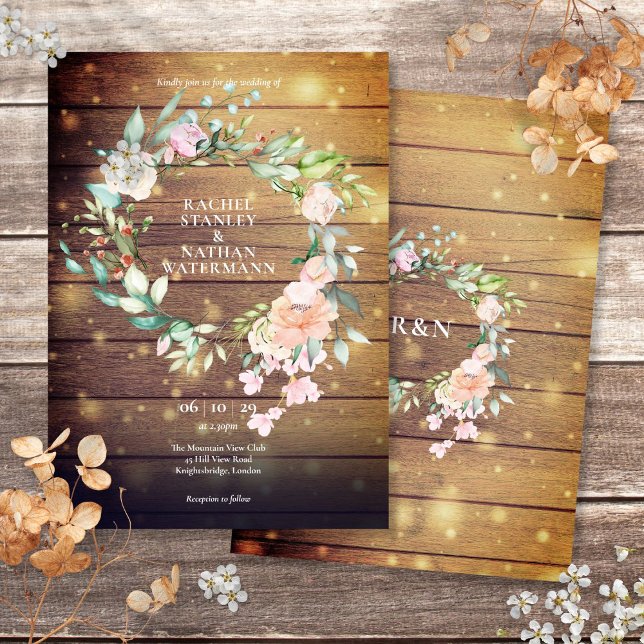 Convites Casamento Floral Verde Água Marinho de Madeira Rús (Rustic Wood Watercolor Greenery Floral Wedding Invitation)