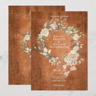 Convites Casamento Floral Verde Água-Rosa Madeira Rústica