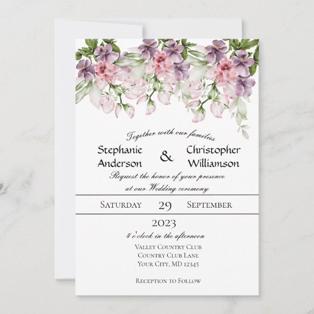 Convites Casamento Floral Verde Água Rosa Roxo (Frente)