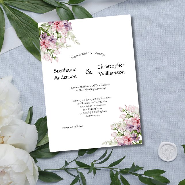 Convites Casamento Floral Verde Água Rosa Roxo (Pink purple watercolor floral elegant formal wedding invitation. Printed or Instant digital download)