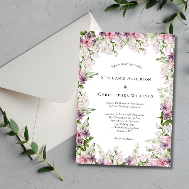 Convites Casamento Floral Verde Água Rosa Roxo (Pink Purple Watercolor Floral Elegant Modern Wedding Invitation. Printed or Digital Download)