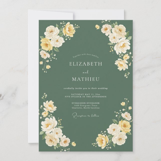 Convites Casamento Floral Verde Amarelo Romance (Frente)