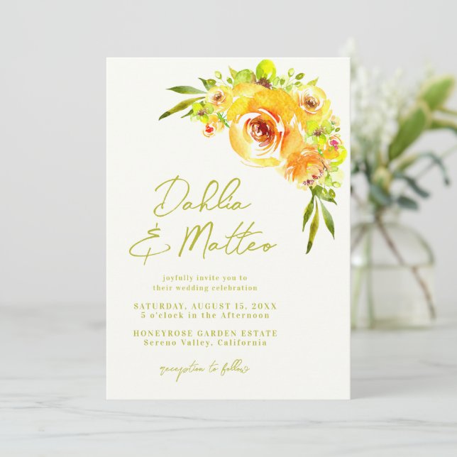 Convites Casamento Floral Verde Amarelo Rústico Manuscrito (Em pé/Frente)