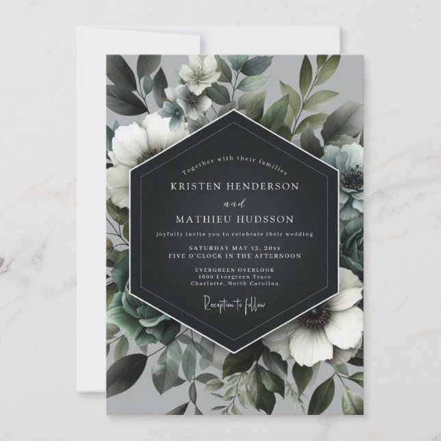 Convites Casamento Floral Verde Ardósia (Frente)