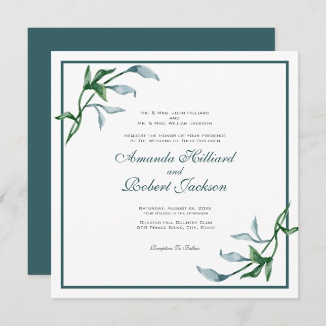 Convites Casamento Floral Verde Azul de Aquarela (Frente/Verso)