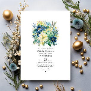 Convites Casamento Floral Verde, Azul Marinho, Azul Claro e