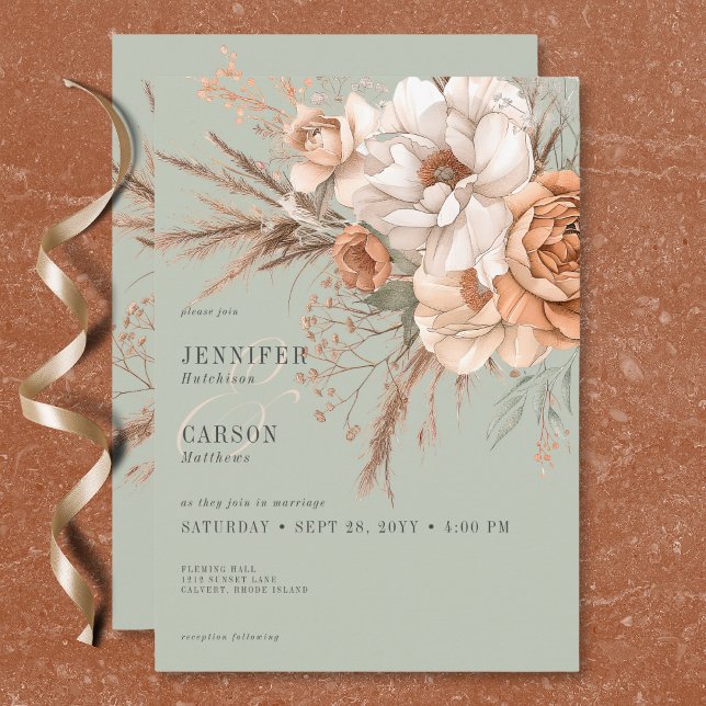 Convites Casamento Floral Verde Boho Terracotta Pêssego e C (Boho Terracotta Peach & Cream Floral Green Wedding Invitation)