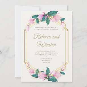 Convites Casamento Floral Verde com Rosa Desbotado e Dourad