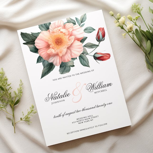 Convites Casamento floral verde cor-de-rosa esbranquiçado (Watercolor white blush pink green floral wedding)
