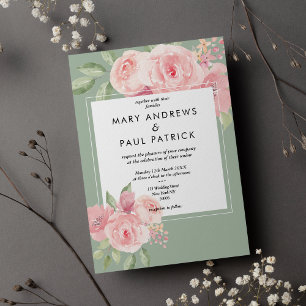 Convites Casamento floral verde de horta rosa elegante com 