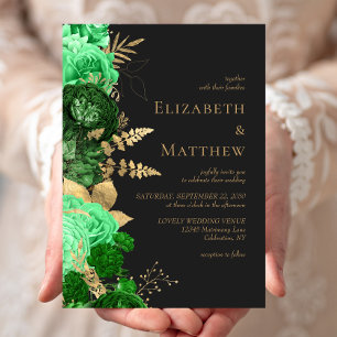 Convites Casamento Floral Verde Dourado Romântico Escuro