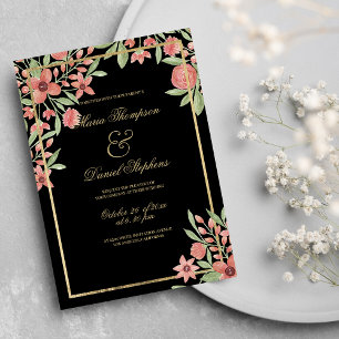 Convites Casamento Floral Verde Dourado Rosa-Rosa-Rosa-Chic