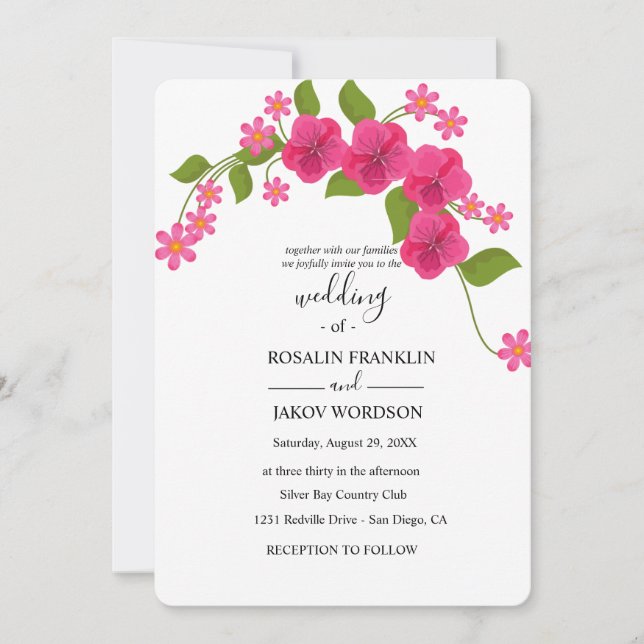 Convites casamento floral verde e magenta claro (Frente)