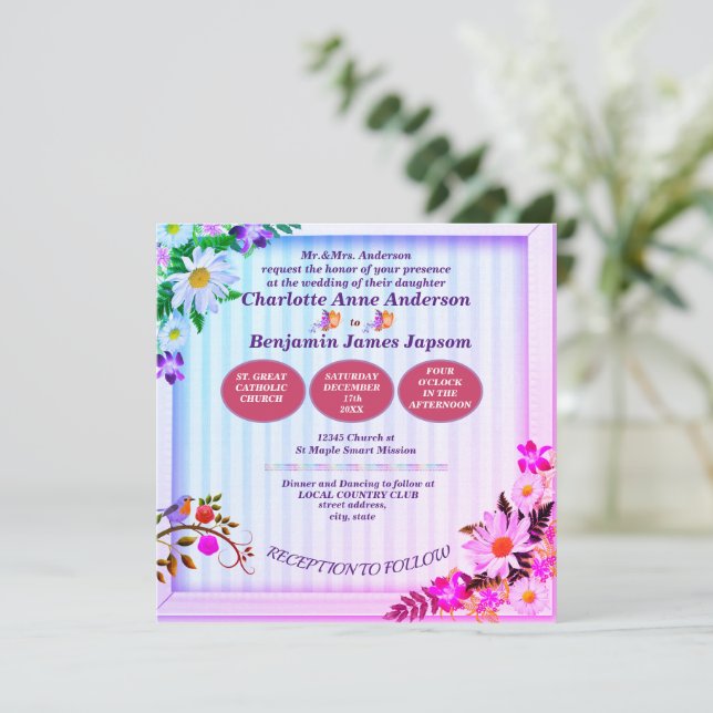 Convites Casamento Floral Verde e Rosa Gradiente Elegante (Em pé/Frente)