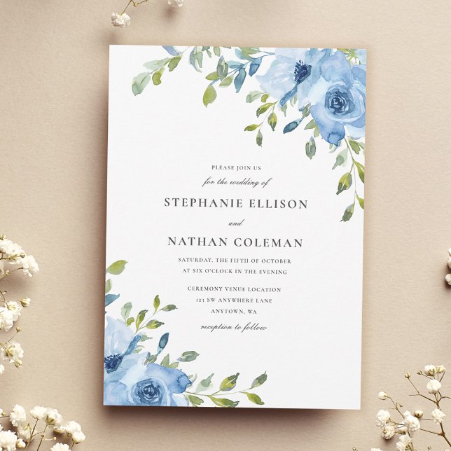 Convites Casamento Floral Verde Elegante Azul (Criador carregado)