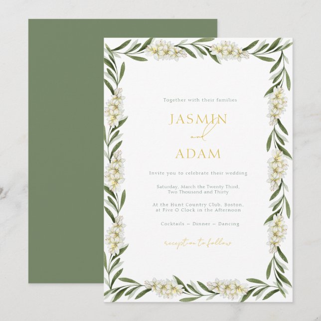 Convites Casamento Floral Verde Elegante Branco (Frente/Verso)