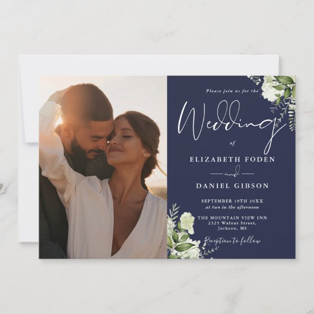 Convites Casamento Floral Verde Escuro Azul Marinho Código  (Frente)