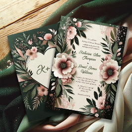 Convites Casamento Floral Verde Escuro e Rosa Esbranquiçado
