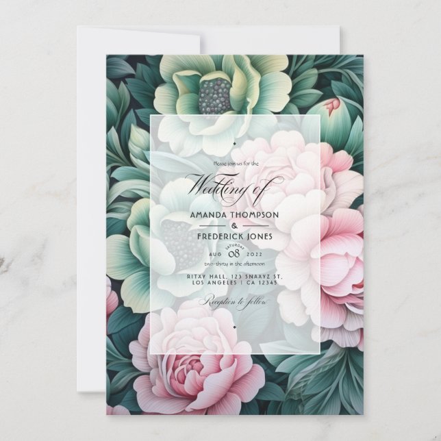 Convites Casamento Floral Verde Escuro e Rosa Pastel (Frente)