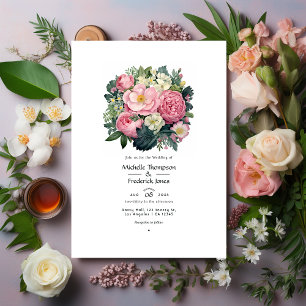 Convites Casamento Floral Verde Escuro e Rosa Pastel