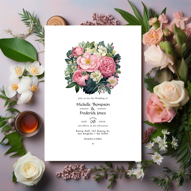 Convites Casamento Floral Verde Escuro e Rosa Pastel (Criador carregado)